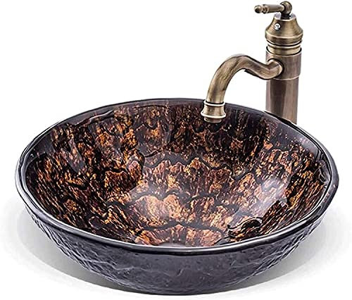 Lavabo da Appoggio in Ceramica Lavabo da appoggio marrone scuro, lavabo tondo in vetro temperato diametro 42 cm, lavabo retrò per bar, ristoranti (dimensioni: set di accessori per lavabo + rubinetto)
