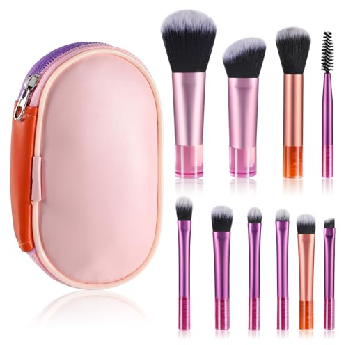 10 Piezas Brochas de Maquillaje Profesional de Viaje Mini Pinceles Maquillaje con Bolsa de Almacenamiento Sintética Portátil para Cepillar Pestañas Base Sombra de Ojos Contorno Rubor Corrector