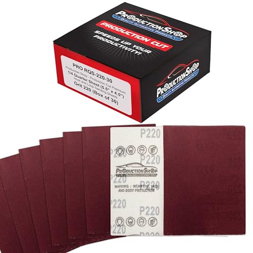 ProductionShop Premium Red 220 Grit 1/4 Sheet Size Red Sanding Sheets, Box of 30 - Hook & Loop Backing Sandpaper, Fine-Cut Abrasive - Fits Palm Sanders, Hand Sanding Blocks - Woodworking, Auto Paint