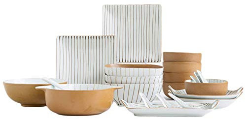 EPOTRDCV New Dinnerware Sets,Ceramics Dinner Sets, 29 Pieces Yellow d Painted Stripes Porcelain Dinnerware Combination Set | -Style Retro Cereals Bowls And Steak Pl