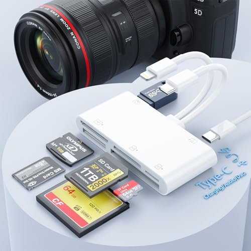SD Card Reader for iPhone, 7-in-2 Memory Card Reader With USB A & C Port, SD/TF/CF/Micro SD/XD/MS Adapter, Lightning to USB Adapter, Plug&Play for iPhone 15/14/13, Samsung