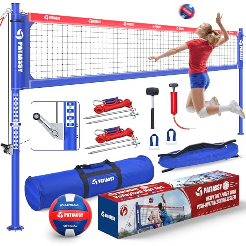 Professional Heavy Duty Volleyball Net Set for Backyard & Beach, Outdoor Net System with Steel Anti-Sag Winch, 32FT Reinforced Net, Height Adjustable Rust-Resistant Aluminum Poles, Portable Carry Bag