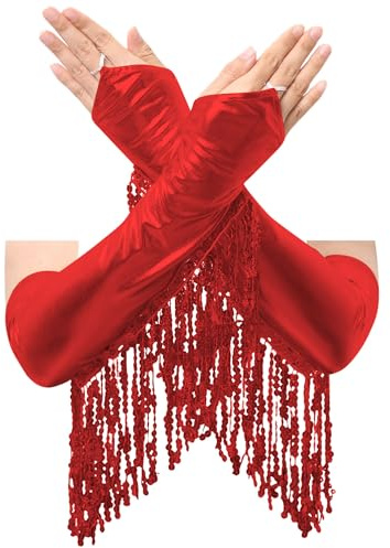 Aislor Damen Metallic Handschuhe Glänzend Pailletten Fransen Handschuhe Ellbogen Handschuhe Armstulpe Tanzhandschuhe Halloween Karneval Kostüm