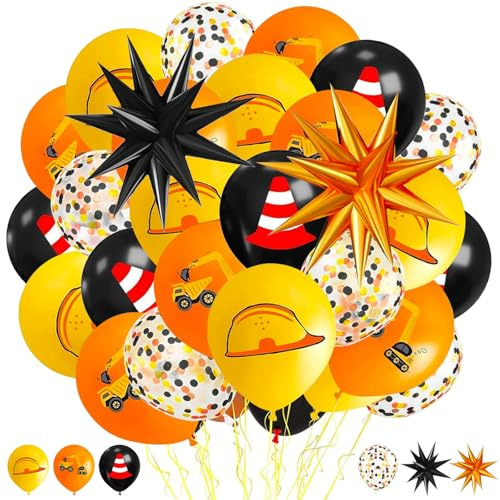 37 Stück Luftballons Geburtstag Baustelle, Orange Gelbe Schwarz Latex Ballons, Konfetti Luftballons, Stern Folienballon, Bagger Kindergeburtstag Deko für Baby Shower Kindergeburtstag Party Dekoration