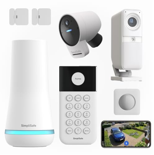 SimpliSafe Wireless Home Security Systems | 7 Piece Smart Home Alarm Systems with HD Outdoor Security Camera | Mobile App & Works with Alexa | Professional Monitoring Available | Easy DIY Install