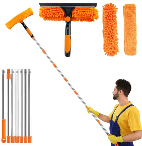 Nettoyeur de Vitre Kit 3 en1 Lave Vitre Telescopique (3m) Raclette Vitre Professionnel avec Raclette en Silicone et Brosse en Microfibres, Nettoyage Vitre pour Fenêtres et Voiture (Orange) (3M)