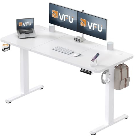 VFU Höhenverstellbarer Schreibtisch 140 x 60cm, Stehpult mit USB-C Ladeanschluss, Memory-Funktion Stabiler Schreibtisch Höhenverstellbar Elektrisch, Verstellbarer Computertisch, Weiß