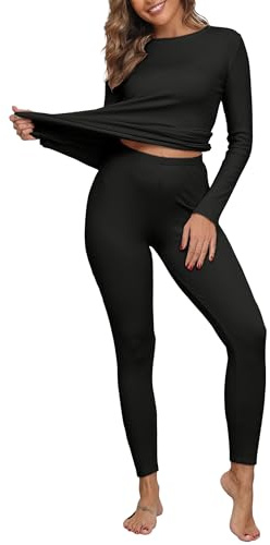 IWOLLENCE Thermal Underwear Womens Set Thermal Tops and Winter Leggings Base Layer Ribbed Fleece Womens Pyjamas Thermal Clothing (Black, L)