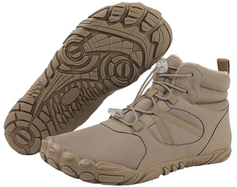 Winter Barefoot Boots Women Men Hiking Boots, Waterproof Warm Hike Barefoot Shoes, Non-Slip Zero Drop Snow Shoes, Fur Lined Wide Toe Walking Outdoor Footwear A-Khaki