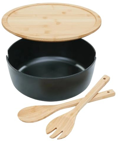 Big Salad Bowl - Wooden Serving Container with Lid, Includes Spoon and Fork, Multipurpose Food Storage for Home, BBQ, Camping, Vegetable, Fruit, Meal Prep, Lunch, Cereal, Noodles, Pasta
