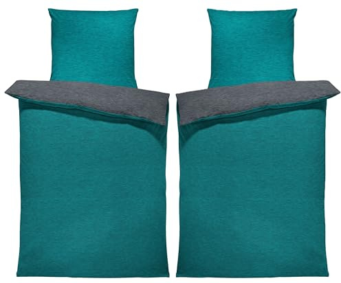 one-home Winter Bettwäsche Biber Meliert Baumwolle Flanell Kuschelig Flauschig Warm Weich Modern, Größe:4 teilig 135x200 cm, Farbe:Petrol/anthrazit