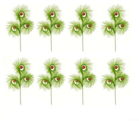 8 ramas artificiales de Navidad con bolas de purpurina roja de 17 pulgadas, estilo de aguja de pino, corona de árbol de vacaciones, decoración de mesa