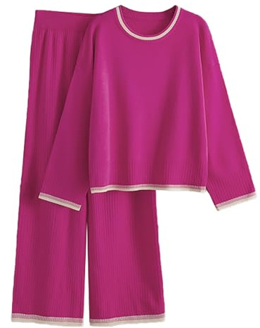 Conjunto Punto Mujer Chandal Completo Dos Piezas Casual Talla Grande Traje Deportivo Moda Suelto Jersey Cuello Redondo Y Pantalones De Punto Jumpers Holgado Elegante Conjunto Deportivo Invierno Otoño