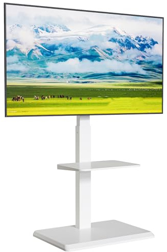 ECOTINY TV Ständer aus Stahl für 37-75 Zoll bis 50kg, Max VESA 600x400mm | mit Ablage, Versteckter Kabelverwaltung, Höhenverstellbar Fernsehständer, Schwenkbar Neigbar, 2-Fache Tragkraft, Weiß