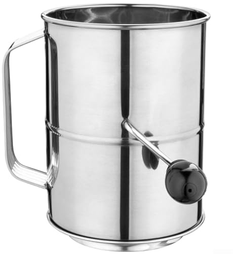Stainless Steel Rotating Flour Sifter with Hand Crank, Fine Mesh Sieve for Baking and Cake Making, 430 Body with 304 Filter, Ergonomic Design(5CUPS)