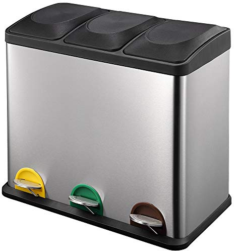 Bakaji 3 x 18L (54 Litre) Stainless Steel Plastic Waste Separation Bin with Compartments Removable Pedal Opening Trash Can for Home, Kitchen and Outdoor Use