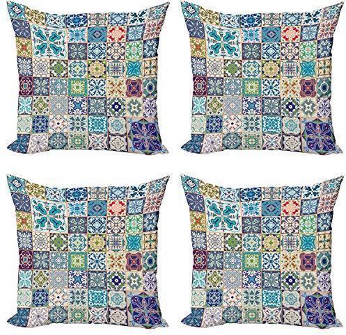 ABAKUHAUS marokkanisch Dekokissen Kissenbezug 4er Pack, Flora, Modern Accent Doppelseitiger Digitaldruck, 45 x 45 cm, Türkis Beige