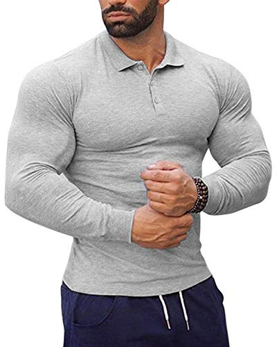Herren Poloshirt Langarm Sport Golf T-Shirt Muskel Passform Farbe Grau L