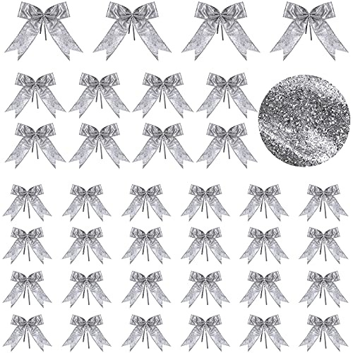 Waydress 36 Pieces Bow Decor, Christmas Tree Bow Ornament, Glitter Ribbon Bowknot for Wreath Garland, Party Crafts Home Decoration, 3 Sizes 4.3 x 4.7, 5.1 x 5.5, 6.3 x 6.7 Inch(Silver)