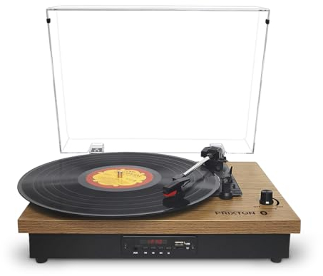 PRIXTON Platine Vinyle Studio, Tourne Disque Vintage, Lecteur de Vinyles et de Musique Via Bluetooth/USB/SD/Radio, 2 Haut-parleurs intégrés, Convertisseur des vinyles, Housse Anti-poussière, Bois