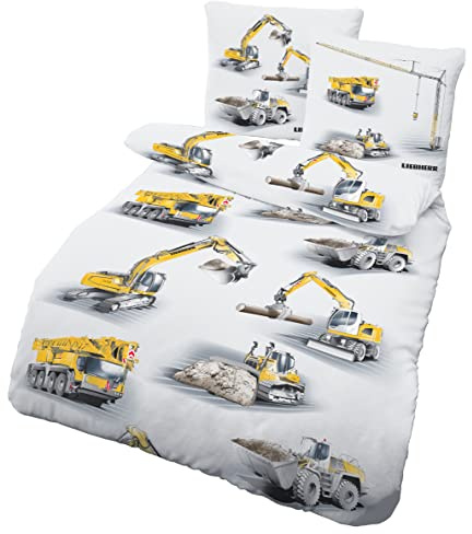 LINKHOFF Liebherr Ropa de cama de franela de 135x200, 2 piezas, ropa de cama infantil con motivos de construcción, certificado Öko-Tex – funda de almohada de 80x80 cm + funda nórdica de 135x200 cm