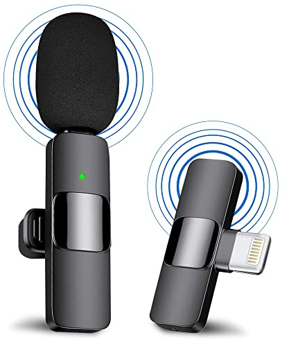 GLOBAL TECH Professionell trådlös Lavalier-mikrofon för iPhone iPad, trådlös clip-on mikrofon, Plug-Play trådlös lapellmikrofon för videoinspelning podcast vlogging Youtube Live Streaming, svart