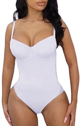 Hilinker Women's Sexy V Neck Sleeveless Spaghetti Strap Bustier Bodysuit White Medium