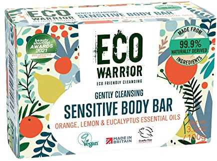 Eco Warrior Sensitive Body Soap Bar, Green Clay & Citrus Oils, Vegan, 100g | Gentle body soap with green clay plus orange, lemon and eucalyptus essential oils; vegan and cruelty-free.