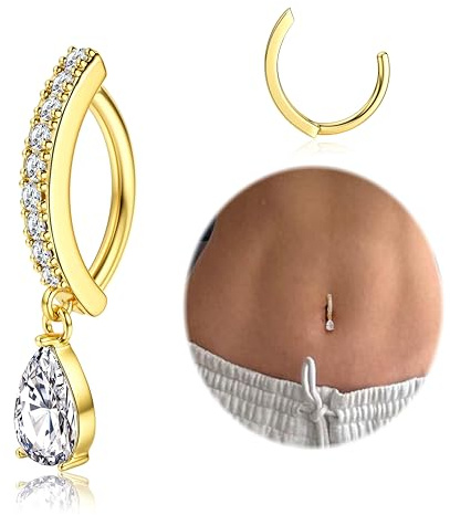FIBO STEEL 14K Gold Plated Belly Button Rings for Women 316L Surgical Steel Clicker Belly Rings CZ Snake Flower Curved Reverse Navel Rings Belly Piercing Jewelry Barbell 14G Dangle