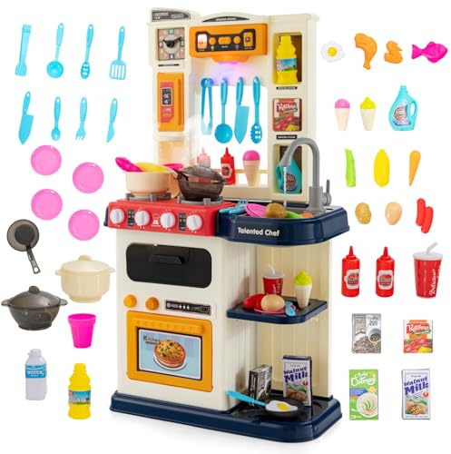 COSTWAY 65 TLG. Kinderküche mit Lichter, Musik und Sound, Spielküche inkl. Zubehör, Kinderspielküche mit Wasserpumpe, Spielzeugküche für Kleinkinder ab 3 Jahre (Blau)
