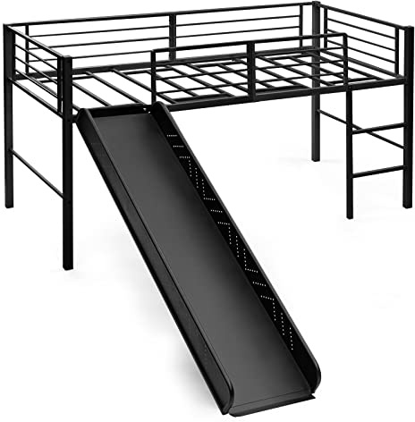 GIANTEX Lit mezzanine pour enfant avec toboggan, cadre de lit en métal, 96 x 198 x 109 cm, lit enfant avec protection anti-chute et échelle, lit superposé avec sommier à lattes, cadre de lit en métal