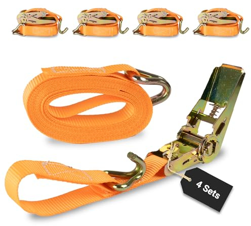 Rapid Spanngurte mit Ratsche 4 Stück - 25mm x 6m zweiteilig/bis zu 800kg belastbarer reißfester Zurrgurt/schnelle und sichere Zurrgurte mit Ratsche orange/Zurrschlaufen für 800 daN (0,8t)