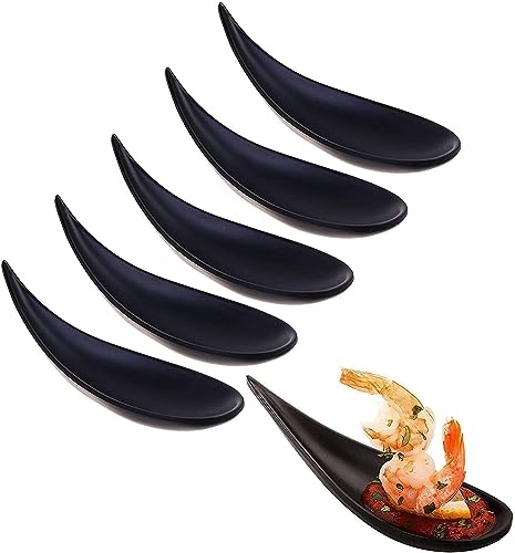 FoOhy Pack of 6 Pieces of Melamine Black Teardrop Appetizer Plate Dessert Tasting Spoon Small Mini Bowl Sushi Appetizer Japanese Tableware Set Snack