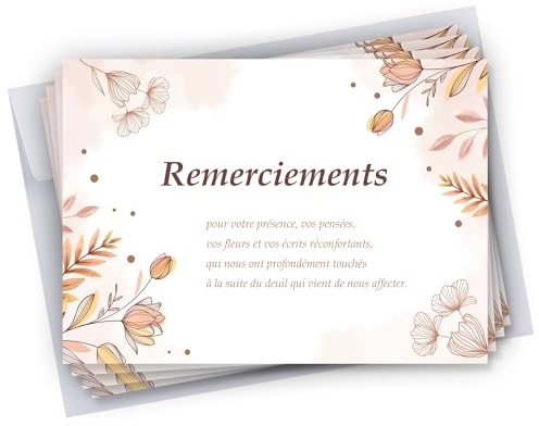 Lot de 50 Cartes de remerciements décès condoléances + 50 Enveloppes autocollantes • Visuel Simple • Format 10x15 cm • Cadeau Parfait