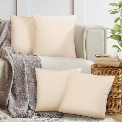 4er Set Sofakissen mit Füllung und Bezug 45x45cm weiche Kissenhülle mit Dekokissen Couchkissen für Sofa, Schlafzimmer, Wohnzimmer, Balkon, beige Driftwood, flauschig, mit verstecktem Reißverschluss