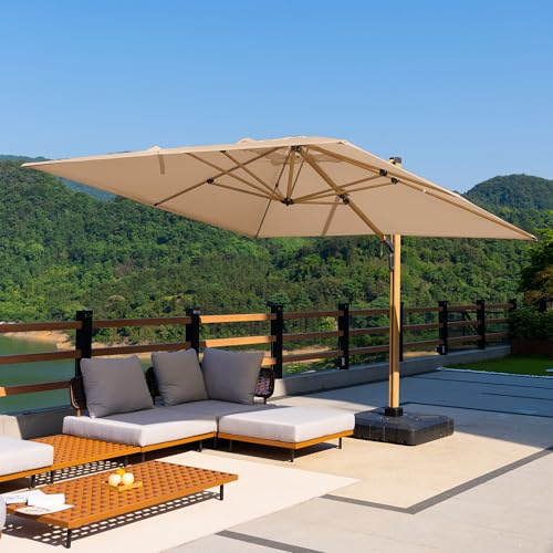PURPLE LEAF 12FT Patio Umbrella Square Cantilever Umbrella Teak Finished Aluminum Frame Large Windproof Offset Outdoor Sun Umbrellas for Beach Pool Deck, Beige