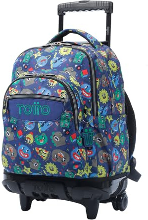 TOTTO Schulrucksack mit Rollen, Modell Linen, Fassungsvermögen 26,21 l, PC-Tasche 35,6 cm (14 Zoll) und Flaschentasche, S-Riemen für zusätzlichen Komfort, robust, Tello-Druck, blau, Large