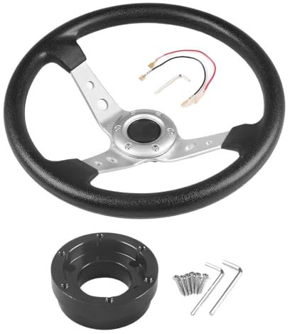 ZHANGSHUMIN Sportlenkrad 14 Zoll 350 mm PU-Leder-Autorennen-Lenkung Holzlenkrad(Silver with Black)