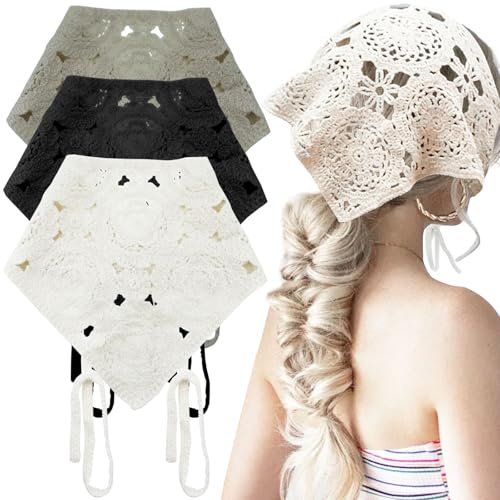 3PCS Crochet Bandanas Headbands, Cute Style Hand Knitted Headband Handmade Kint Crochet Hair Bandanas Vintage Hair Scarf Triangle Headband with Ties for Women Girls