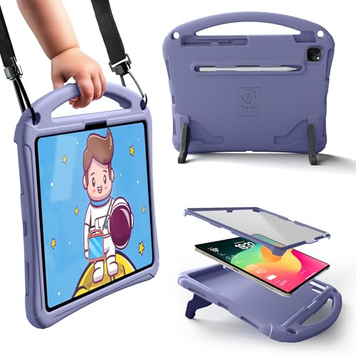 Bam Bino Space Suit Kinder-Schutzhülle für iPad Air 13 Zoll M2/M3/M4, iPad Pro 13 Zoll M4/M5, i-Pad 13, robuste Abdeckung, integrierter Displayschutz, Griff, Ständer, Schultergurt, Violett
