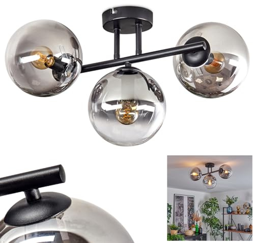 HOFSTEIN Deckenleuchte Gastor, 3-flammige Deckenlampe aus Metall/Glas in Schwarz/Rauchfarben/Klar, moderne Leuchte im Retro/Vintage-Design (Schirme Ø 15 cm), E14, Esszimmer, Wohnzimmer, Küche, Flur