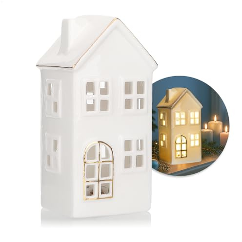 COM-FOUR® LED house in porcellana - casa luminosa a batteria - casa luminosa decorativa bianca lucida per decorazioni invernali e natalizie (Casa - 15 cm)