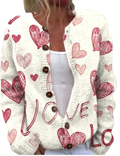Chunky Cardigans for Women UK Short Love Heart Cute Pattern Printed Knit Jumper Button Crewneck Woolen Sweater Open Front Tops Trendy Outwear Coat Classic Fit Tunic Top Valentine's Day Gift for Him,