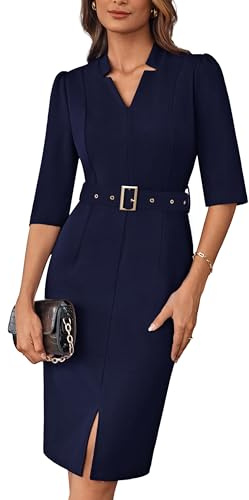 GRACE KARIN Damen V-Ausschnitt 3/4 Ärmel Bodycon Kleid Elegant Slim Fit Cocktailkleid mit Gürtel Formelle Business Kleid