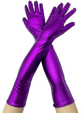 Momolaa 2 Pairs Long Metallic Gloves Shiny Opera Cosplay Gloves Role Play Party Glove for Adult Evening Gloves Accessories for Women and Girls Purple