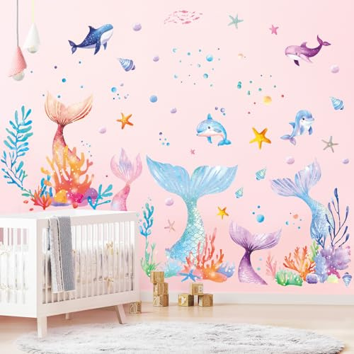 SHUCHING Large Mermaid Tail Wall Stickers, Removable Vinyl Wall Decals Decoration for Girls Kids Children Bedroom Nursery Playroom