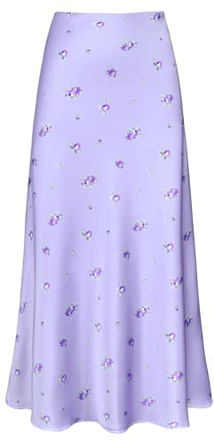 Outoshe Maxi gonne da donna in raso a vita alta con elastico nascosto in vita una linea gonna lunga, Fiore Lilla, L