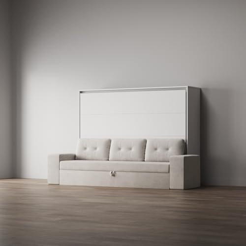 SMARTBett Schrankbett Horizontal 160x200 M2 Weiß inkl. Sofa Sandgrau