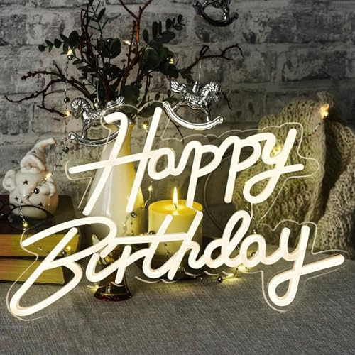 Placa de neón cumpleaños, luz de neón LED blanca cálida, luz nocturna USB, placa luminosa para fiestas, cartel luminoso para cumpleaños, bar, habitación, club