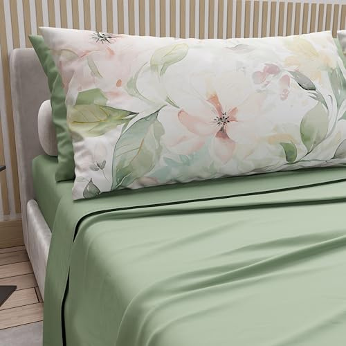 PETTI Artigiani Italiani - Lenzuola in Cotone con Federe in Stampa Digitale, Lenzuola Matrimoniali, Completo Letto Matrimoniale, Floreale 143 Salvia, 100% Made in Italy